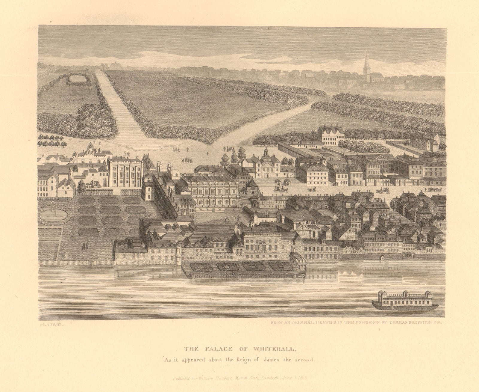 PALACE OF WHITEHALL c.1685. Westminster, Green Park & St. James's, London 1834